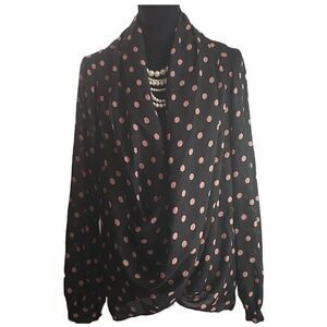 Bisou Bisou Black Pink Polka Dot Flowy Shawl Collar V- Neck Blouse Size M